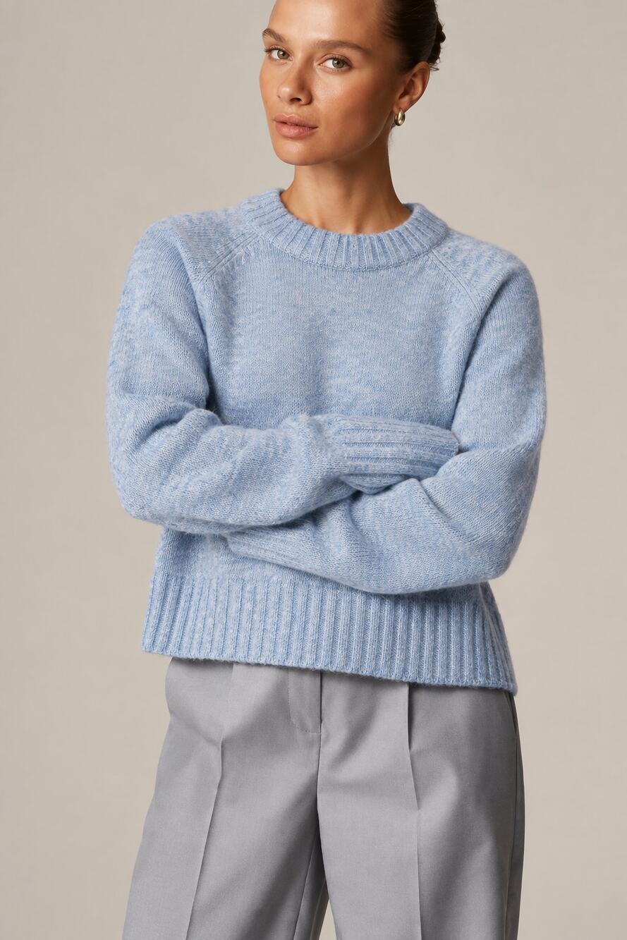 French Connection NWT XL Suzie Sky Blue Melange Crew Neck Knit Sweater Preppy